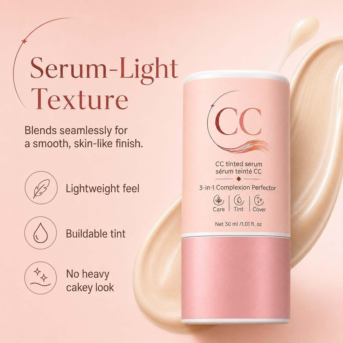 CC Color Correcting Tinted Serum, 3-in-1 Complexion Perfector, 1PC | Hydrating CC Color Corrector Tinted Moisturizer for All Skin Types. Breathable Formula for Seamless Daily Coverage.