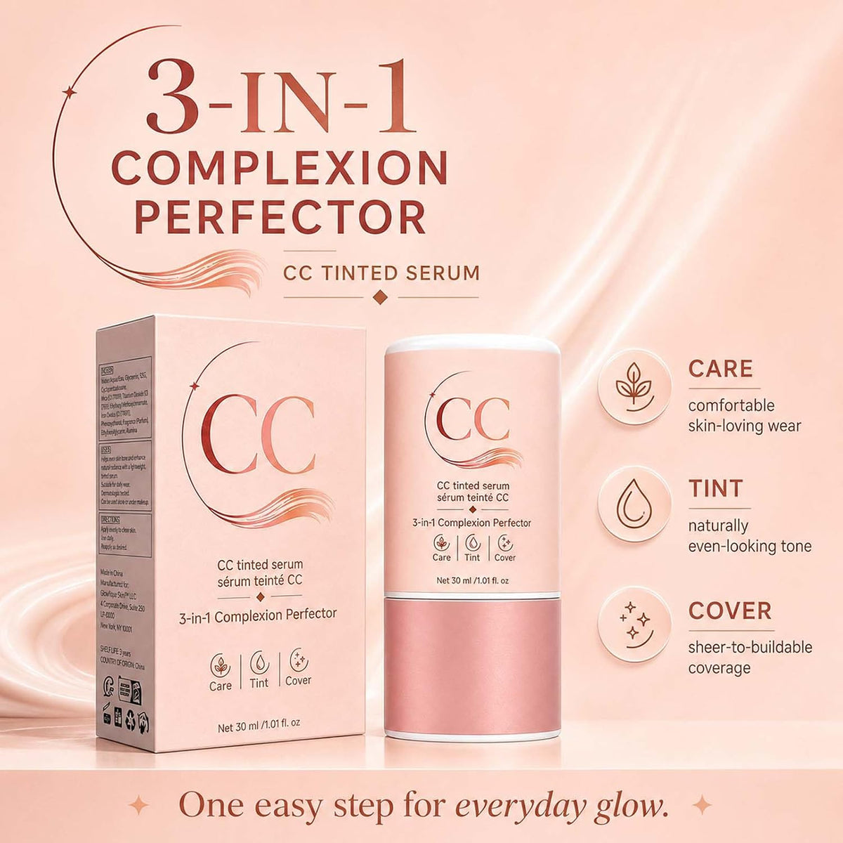 CC Color Correcting Tinted Serum, 3-in-1 Complexion Perfector, 1PC | Hydrating CC Color Corrector Tinted Moisturizer for All Skin Types. Breathable Formula for Seamless Daily Coverage.
