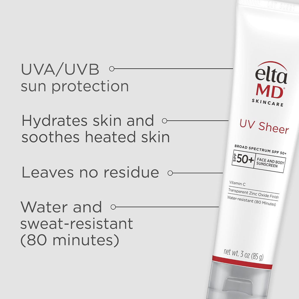 EltaMD UV Sheer Face and Body Sunscreen SPF 50+,Oil Free,No White Cast Sunscreen for Face and Body,Zinc Oxide Formula,3.0 oz Tube,(Pack of 2)